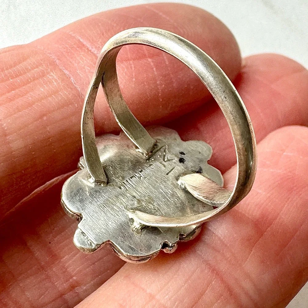 Navajo Flower Ring Turquoise Sz 7.5 Sterling Silver Signed Morgan Native Amer